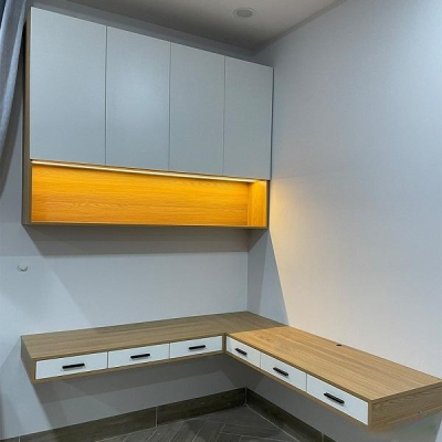 Bàn học góc chữ L liền kệ sách treo tường hiện đại NTPN-HC016 | Giá theo m²